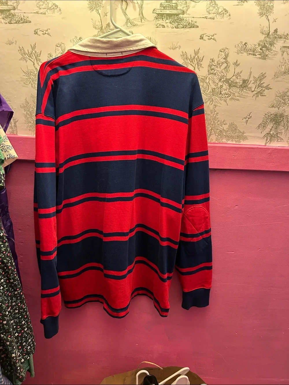 J. Crew Men's Red and Navy Striped Rugby Polo with White Collar